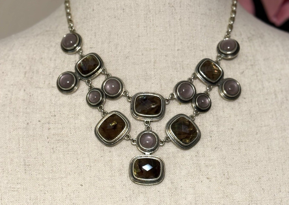 Vintage Napier Purple Moonglow Faux Abalone Bib Necklace Silver Tone Approx 19"